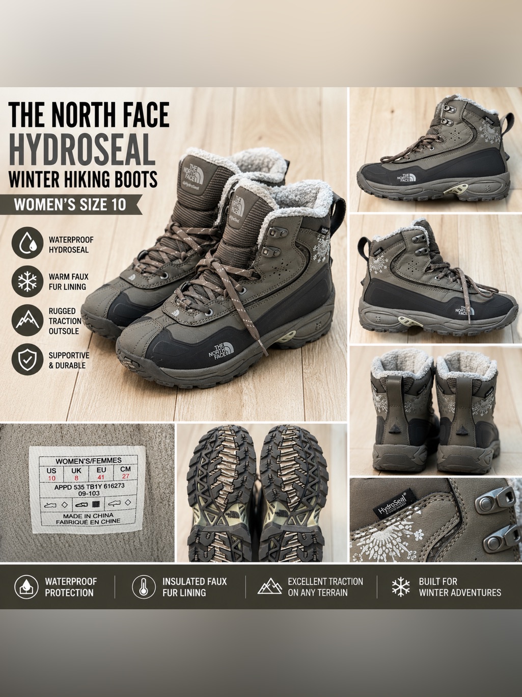 The North Face Hydroseal Winter Hiking Boots Women’s Size 10 Gray Faux Fur